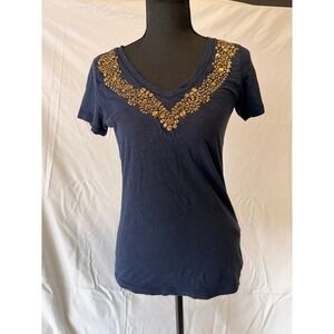 Lucky Brand Boho Navy Blue Beaded V-Neck Short Sleeve Cotton T-Shirt Women's S